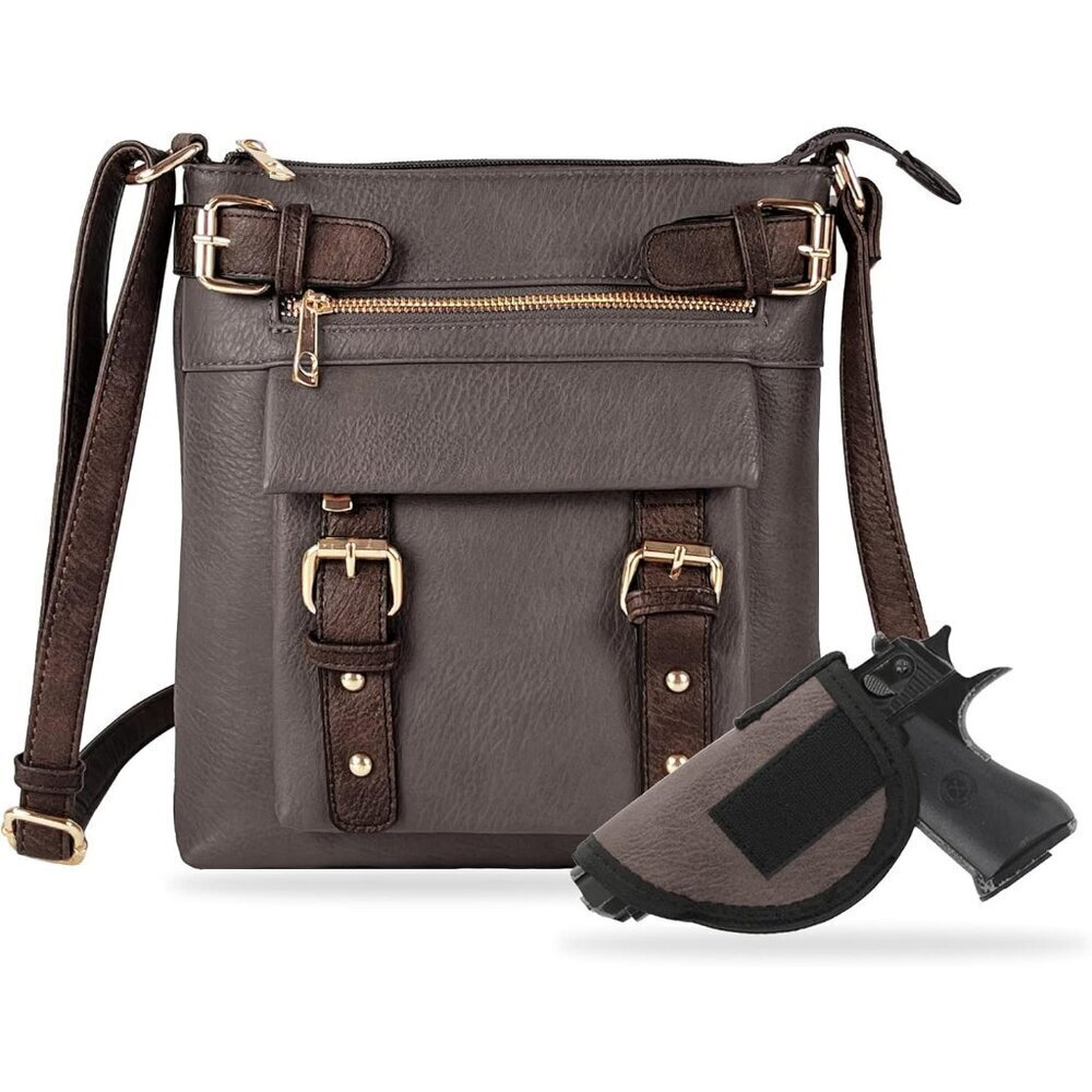 2 Toned Faux Leather Concealed Carry Crossbody Bag with Lock for Women